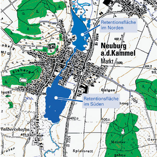 Neuburg an der Kammel sucht wirksamen Schutz auch vor einem Jahrhunderthochwasser und so beauftragte der Bezirk Schwaben unser Büro mit der Planung eines passenden Konzepts.