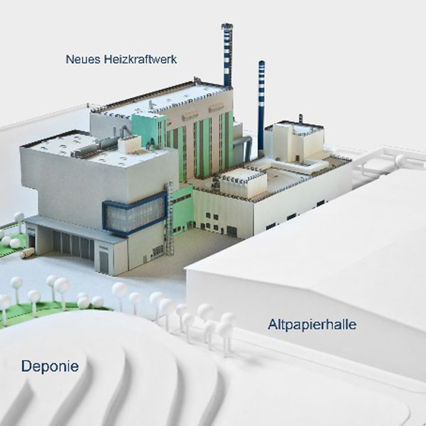 Digitale Pläne des neuen Heizkraftwerk auf Basis Kraft-Wärme-Kopplung der Papierfabrik Gebr. Lang GmbH am Standort Ettringen.